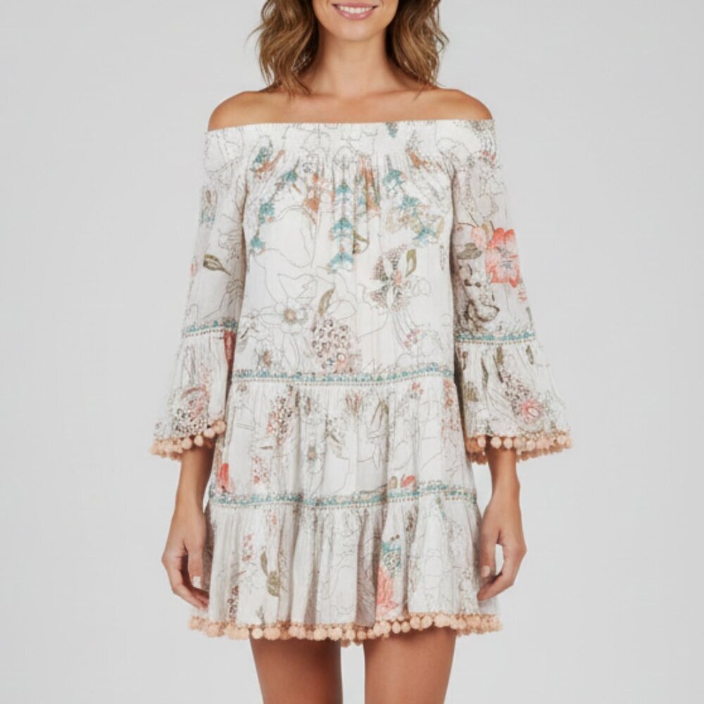 Z&L Floral Beaded‎ Pom Pom Dress Size Small